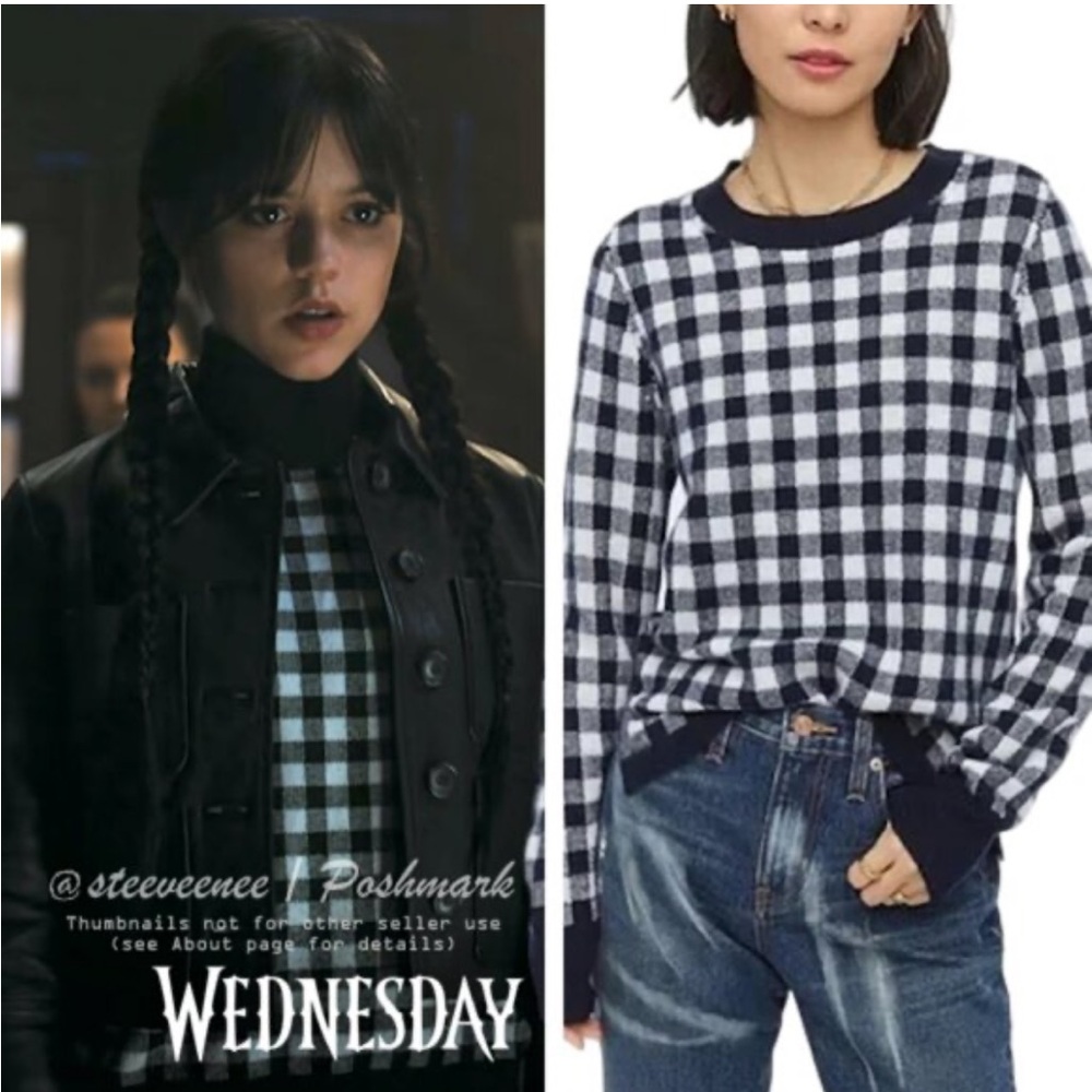 J.Crew • Gingham Checkered Cashmere Sweater NAVY SZ MEDIUM ASO Wednesday Addams